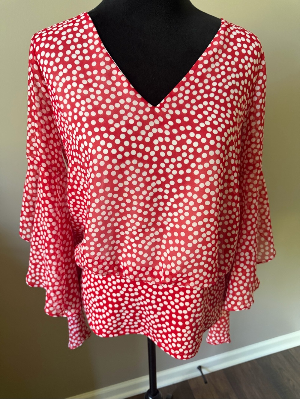 Coco Bianco Red Polka Dot V-Neck Blouse Flowy Sleeves  NEW w/Tags!